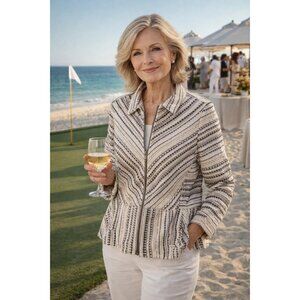 Chico's  Textured lined Zippered Jacket size 2 (12/14) Large Cream/Blk/Taupe